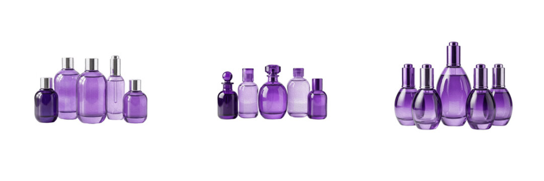 Purple perfume bottle sets with elegant violet fragrance flacons, luxury cosmetic glass bottles, and beauty scent displays isolated on white background. Cosmetics stock PNG photo.