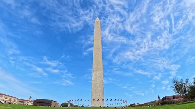 An upward tilt follows Washington Monument toward streaked clouds in this 4K video.