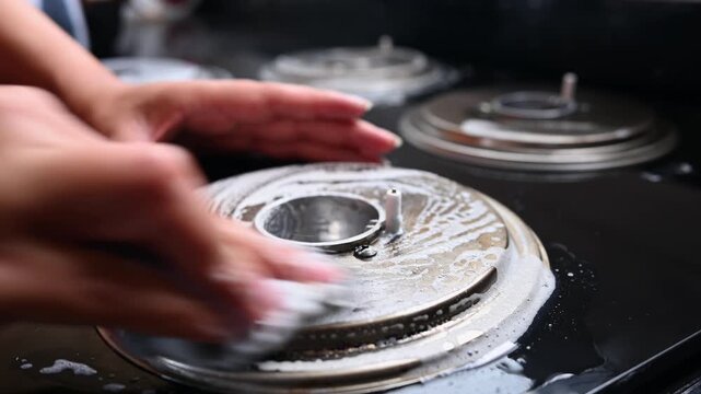 Woman's hands scrubbing a dirty gas stove burner