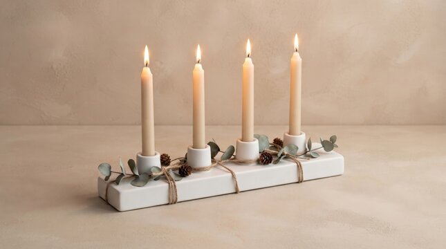 Four lit advent candles in white ceramic holders with eucalyptus leaves and pine cones