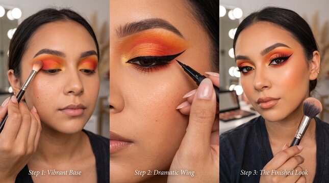 Woman applying vibrant orange eyeshadow and black winged eyeliner in a step by step tutorial with demonstrates makeup transformation beauty tutorial sequence