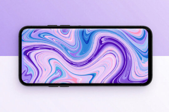 Modern smartphone with colorful liquid marble wallpaper on screen. Abstract blue, purple swirl pattern on mobile device. Minimalist phone mockup for app design website preview on split lilac, white