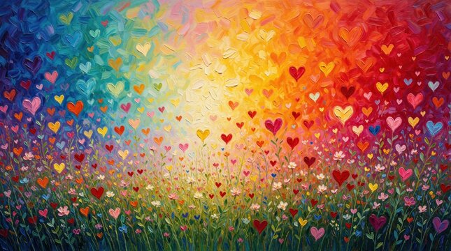 Colorful abstract oil painting with many small hearts, flowers. Bright rainbow colors create warm atmosphere of love, kindness. Heart shapes bloom in field like garden, empathy, social impact, human