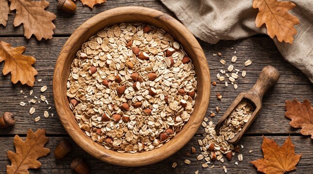 Wheat germ and oats in a wooden bowl with autumn leaves  