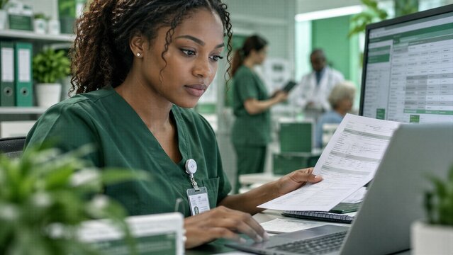 African American Medical Billing Specialist Manages Patient Insurance Claims and Revenue Cycle Management.