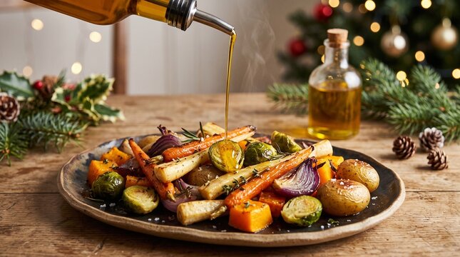 Roasted vegetables drizzled with oil on a wooden table during Christmas, diet and health concept