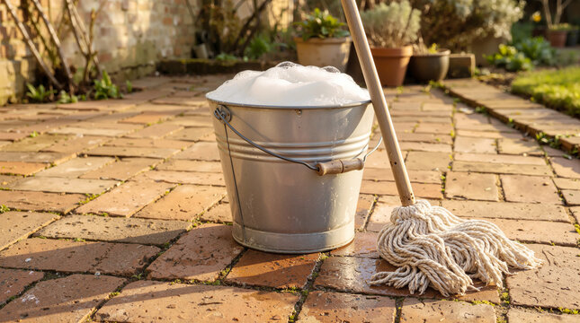 Classic rope mop and galvanized metal bucket filled with soapy foam on brick patio during outdoor home cleaning