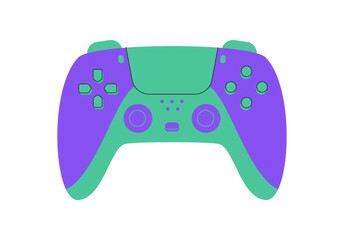 Trendy flat videogame joystick icon in green and purple. Y2k gamepad controller and joy stick device with joypad detail. Futuristic gadget for video game entertainment art. © Moonnoon