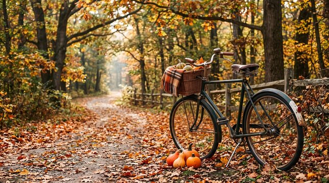 Autumn outdoor bicycle parked on forest path with pumpkins for