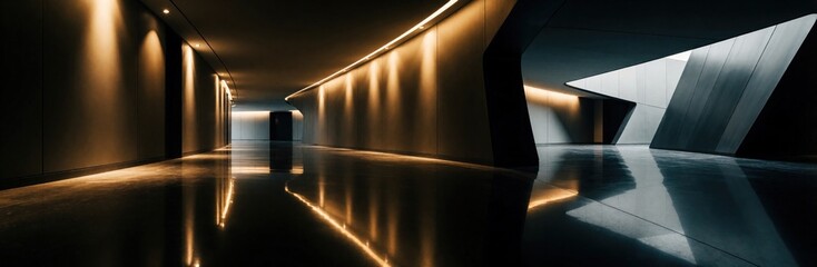 Fototapeta premium Modern minimalist hallway with reflective polished floor, sleek architectural lines. Dark interior with warm ambient lighting creates dramatic atmosphere in empty office corridor. Futuristic building