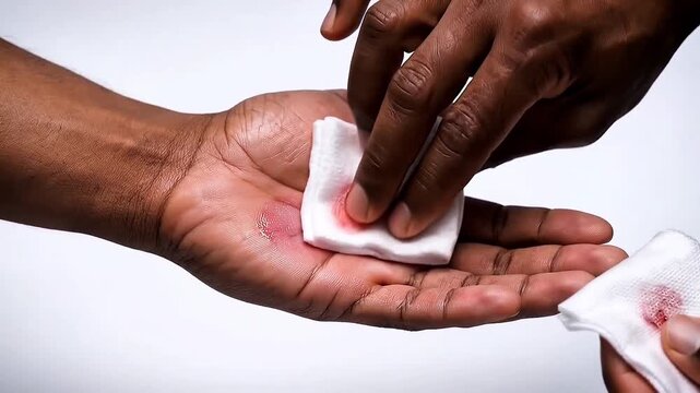 Close up view of a person cleaning a bleeding wound on their hand palm with a cotton pad