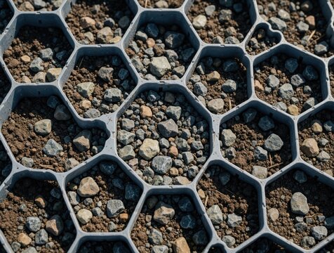 Close up view of grey plastic hexagon grid filled with soil, small stones. Modular honeycomb structure provides ground stabilization, erosion control. Geogrid material creates stable surface for