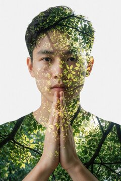Double exposure portrait of young man with green tree branches. Asian male person holds hands in prayer pose. Creative concept of mental health, nature connection, spiritual growth, inner peace.