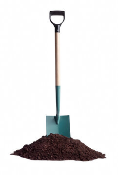 Garden Shovel with Wooden Handle Standing in a Pile of Fertile Soil
