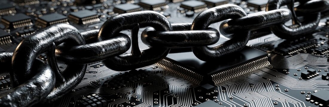 Conceptual illustration of heavy metal chain lying on high tech circuit board. Digital security concept with hardware protection. Quantum computing cryptography, cybersecurity elements secure data