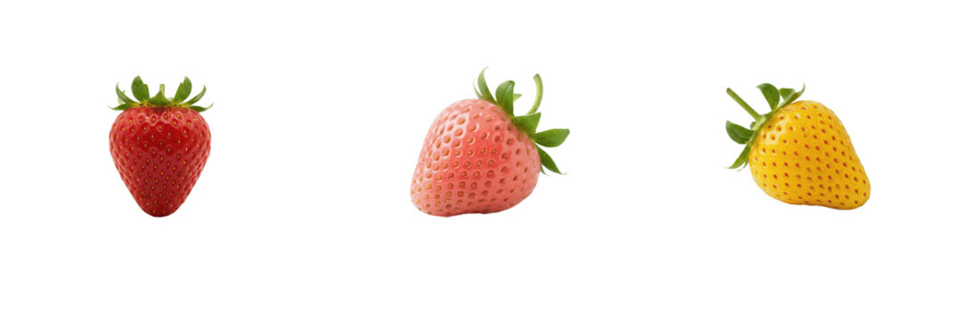 Fresh Strawberry Set, Red, Pink Pineberry, and Yellow Golden Strawberry Fruit Collection Isolated on White Background PNG, Ripe Organic Berries with Green Stem Leaves Clipart Element for Food Design, 