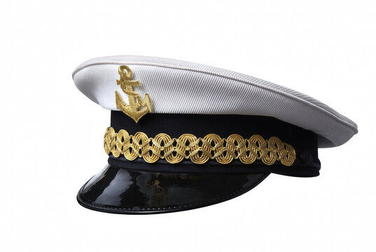 Professional White Captains Hat with Gold Anchor Emblem and Decorative Braid