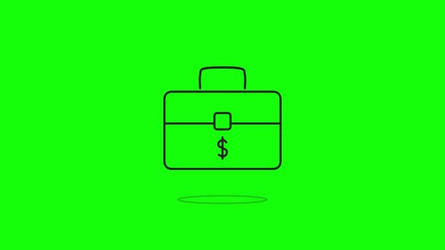 Animated line art briefcase with dollar sign bouncing on green screen background.