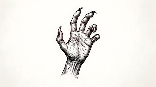A dark silhouette of hands in spotlight creating a shadow overlay effect for halloween background with terrifying scary hands with long nails reaching out now