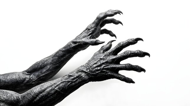 A dark silhouette of hands in spotlight with a shadow overlay effect for halloween background with terrifying scary hands with long nails reaching out forward