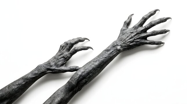 A chilling silhouette of hands in spotlight creating a shadow overlay effect for halloween background with terrifying scary hands with long nails reaching out dark