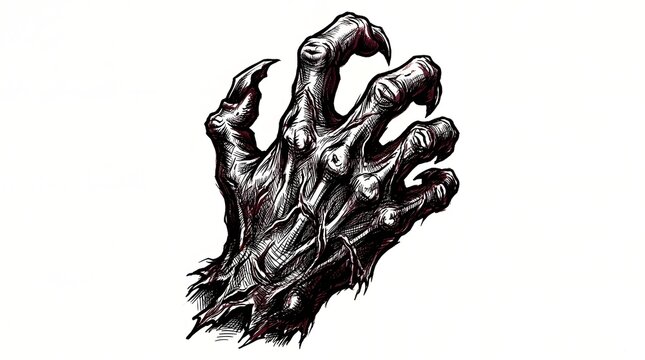 A dark silhouette of hands in spotlight creating a shadow overlay effect for halloween background with terrifying scary hands with long nails on white backdrop