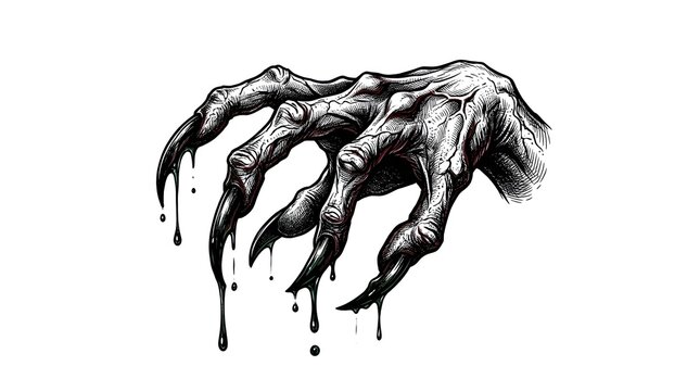 A detailed silhouette of hands in spotlight with a shadow overlay effect for halloween background featuring terrifying scary hands with long nails and dripping dark