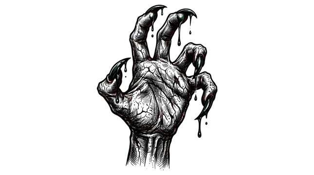 A detailed silhouette of hands in spotlight creating a shadow overlay effect for halloween background with terrifying scary hands with long nails and dripping dark