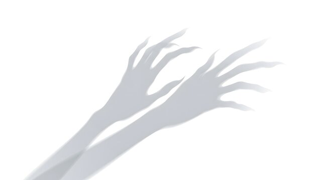 A dark silhouette of hands in spotlight creates a shadow overlay effect for halloween background with terrifying scary hands with long nails on white wall