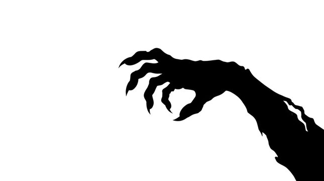 A dark silhouette of hands in spotlight creating a shadow overlay effect for halloween background with terrifying scary hands with long nails reaching out now