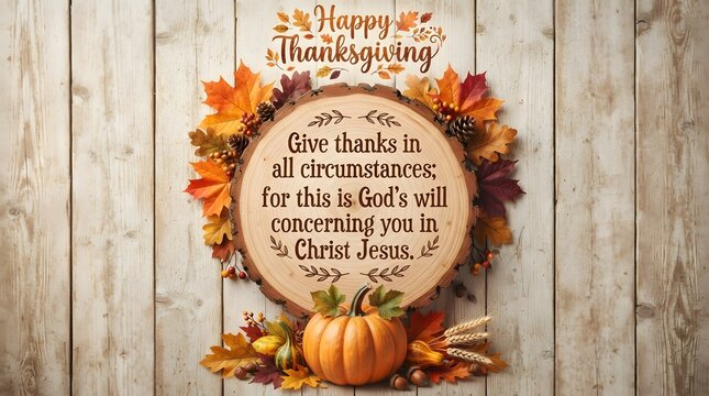 Thanksgiving greeting with bible verse on a wooden slice