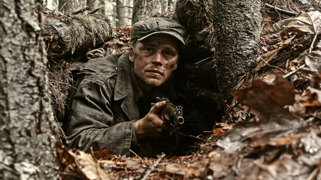 Armed soldier hiding in a forest trench with rifle