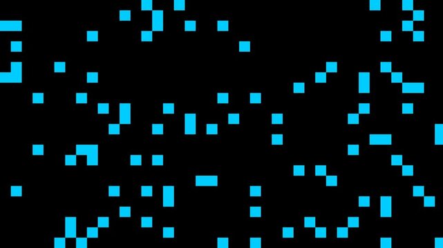 Abstract blue digital pixels blinking on a dark black background matrix