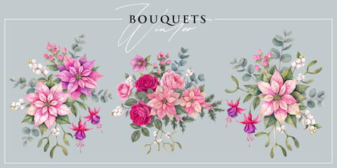 Fototapeta premium Winter botanical set: poinsettia, fuchsia, roses, hypericum and snowberries, helleborus and eucalyptus; all isolated on light background. Vintage watercolor painting style vector illustration.