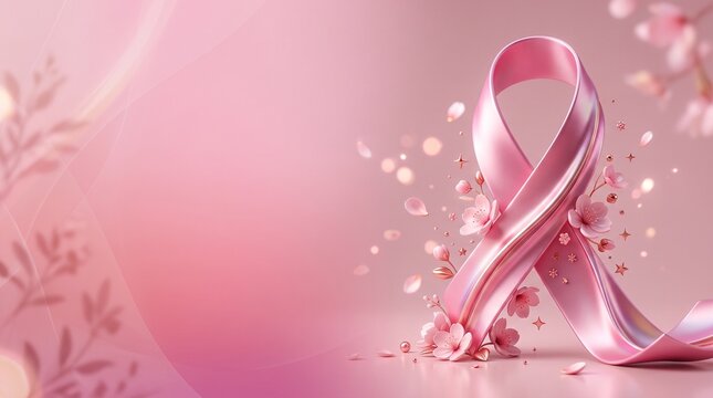 metallic pink ribbon cherry blossoms pearls 3d banner designed as an awareness banner with copy space