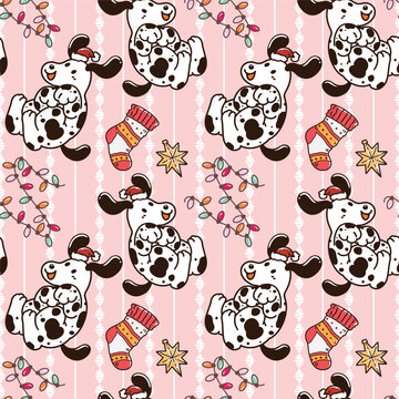 Cute Dalmatian dog Christmas seamless pattern with festive string lights, decorative stockings and sparkling stars. Perfect for holiday wrapping paper, fabric and seasonal designs.
