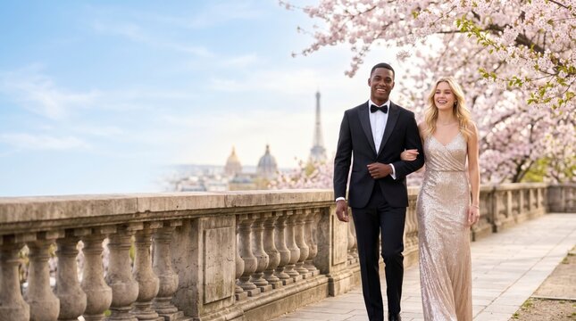 Elegant couple in formal wear walking in Paris during spring