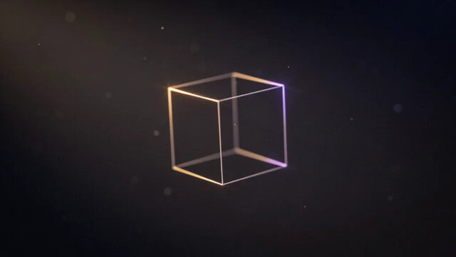 Lattice of thin glowing lines forming a cube in perspective with drifting motes around it, with dramatic lighting