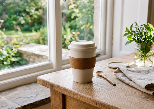 Vaso de caf&eacute; para llevar sobre una mesa junto a una ventana con plantas