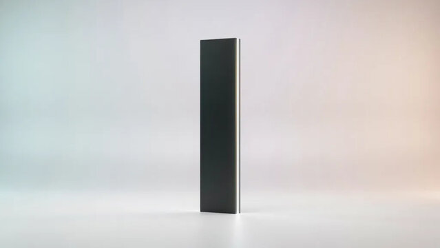 Matte black monolith with a single thin line of glowing light along its edge, on a bright minimal background
