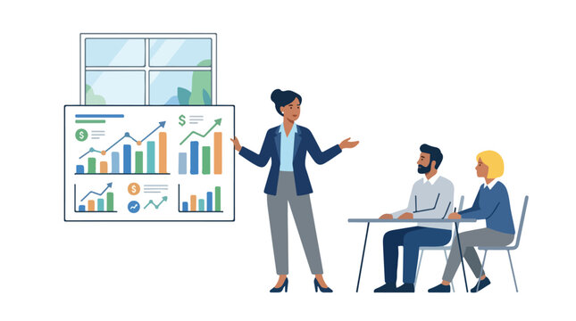 A businesswoman presents financial growth charts and graphs to seated colleagues during an office meeting.