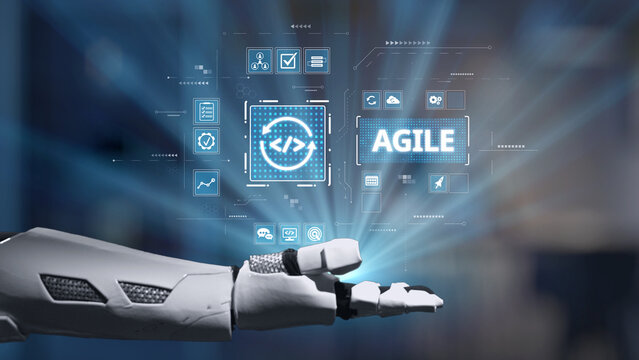 A futuristic robot hand reaches towards digital icons representing agile development methodologies, signifying technological advancement and innovation in software engineering. Salient