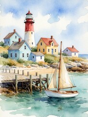 Fototapeta premium Watercolor painting of charming coastal village with tall red lighthouse. Small houses sit near wooden pier on sandy shore. White sailboat floats on calm blue sea water. Peaceful maritime landscape