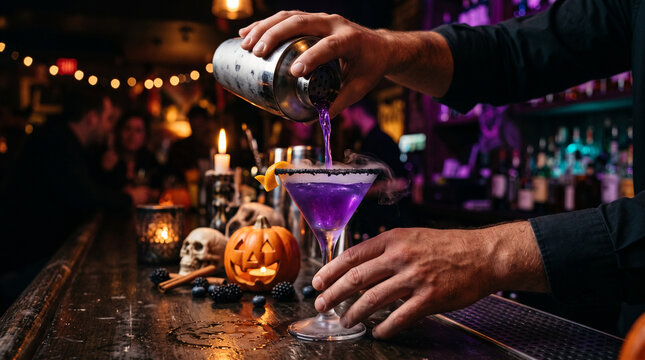 Bartender pours a purple cocktail beside a jack-o-lantern and skull at a Halloween bar. Halloween party drink and spooky bar decor. Seasonal mixology and festive nightlife