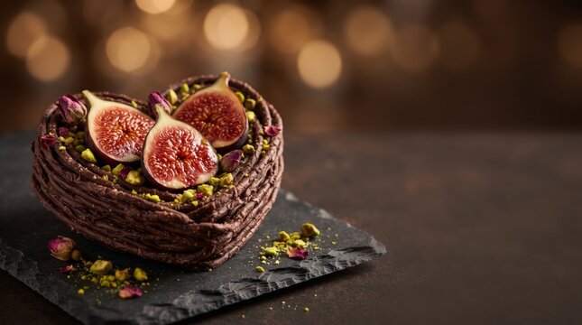 Heart shaped chocolate dessert with fresh figs and pistachios