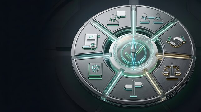 Futuristic metallic digital compass dial with glowing neon icons representing business ethics corporate governance and moral direction