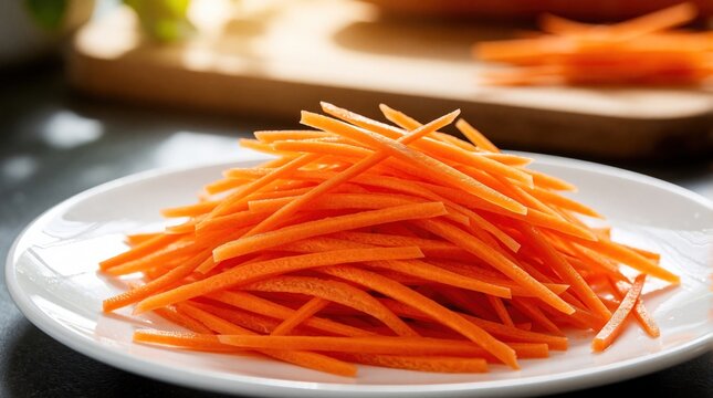 Fresh orange carrot sticks pile on white plate. Raw vegetable julienne on ceramic dish in bright kitchen. Healthy organic food slices for salad cooking. Close up shot of nutritious veggie strips