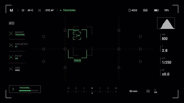 Autofocus Tracking HUD Overlay with Subject Detection, Face and Eye AF, Predictive Tracking and Focus Lock on Transparent Background. Modern intelligent autofocus camera interface. 4K
