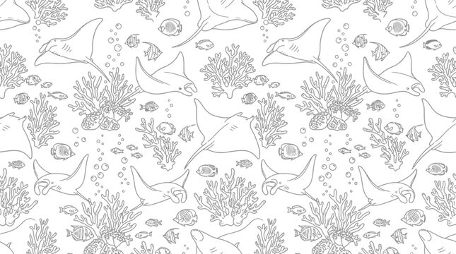 Manta Rays and Coral Seamless Pattern