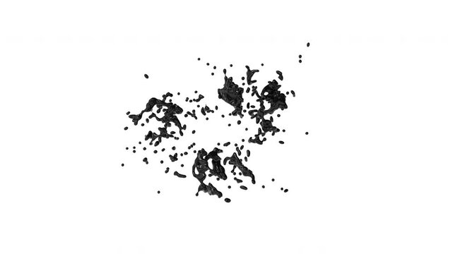 Black liquid ink floating in space creating abstract shapes and drops, isolated on white background